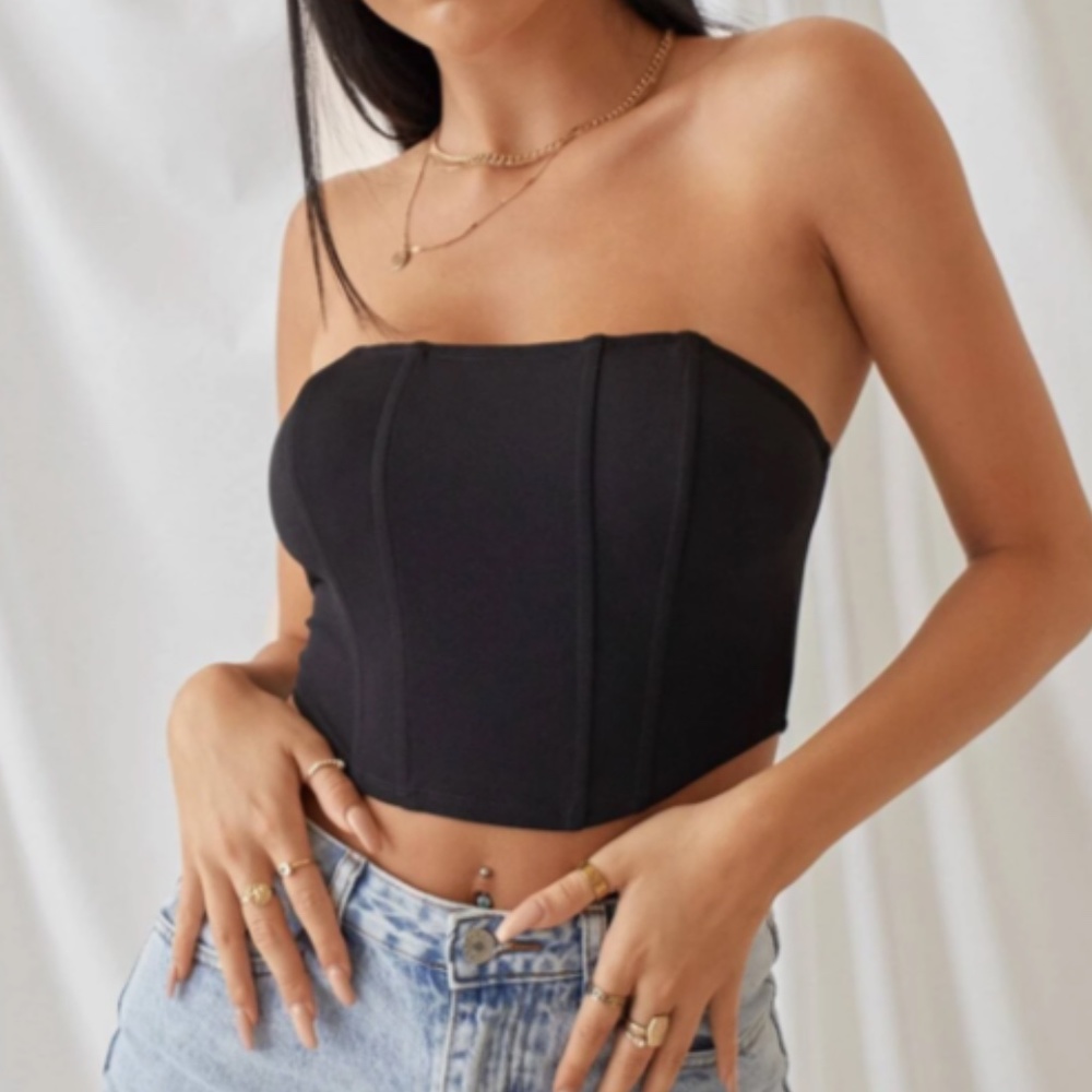 SHEIN ICON Zip Back Cropped Corset Tube Top Black XL